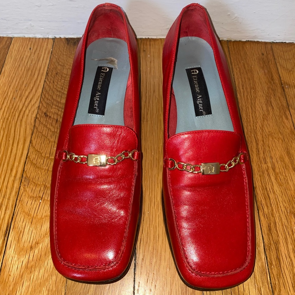 Vintage Red Leather Square Toe Loafers